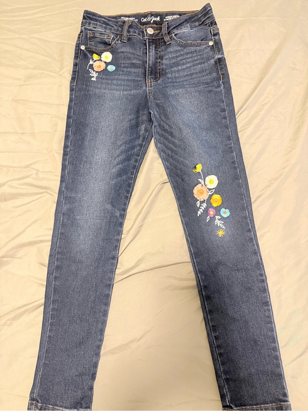 Cat & Jack Dark Denim Skinny Jeans with Yellow & Blue Floral Embroidery